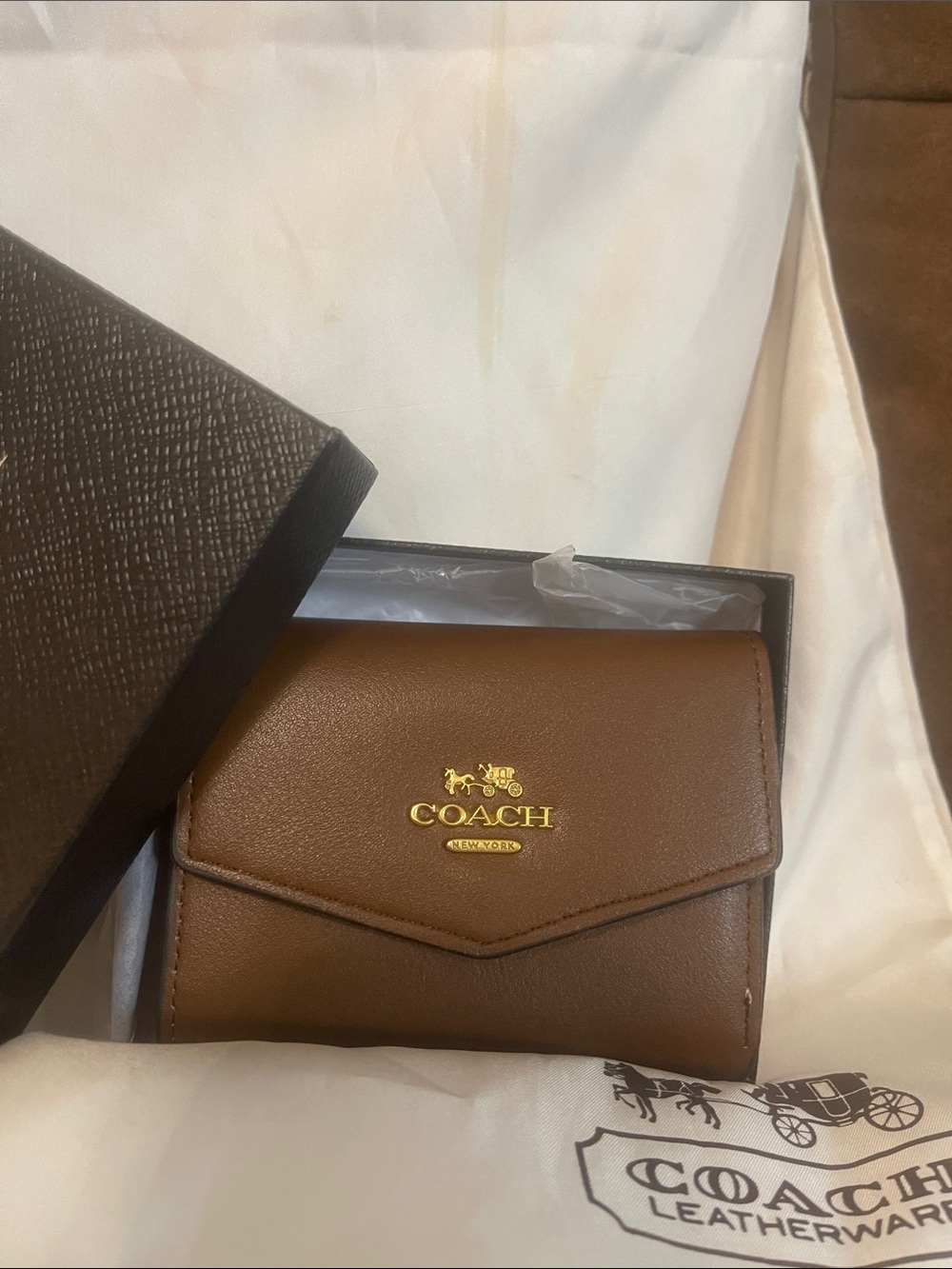 COACH Brown Leather Compact Envelope Wallet with Gold Logo